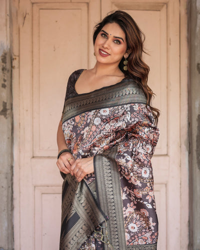 Pure Banarasi Digitally Printed Silk Saree Weaved With Zari Comes With Tassels. - Almaari Fashion