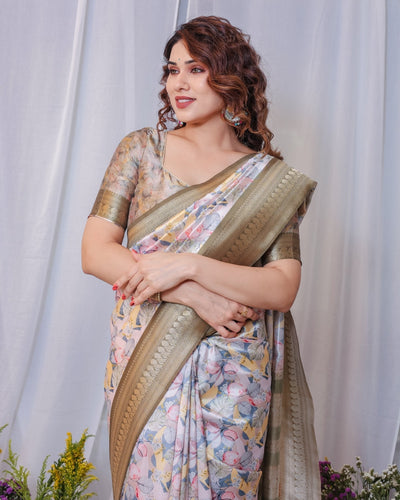 Pure Banarasi Digitally Printed Silk Saree Weaved With Zari Comes With Tassels. - Almaari Fashion