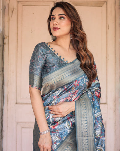 Pure Banarasi Digitally Printed Silk Saree Weaved With Zari Comes With Tassels. - Almaari Fashion