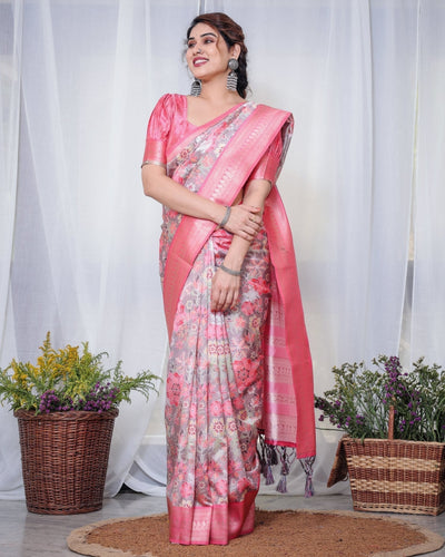 Pure Banarasi Digitally Printed Silk Saree Weaved With Zari Comes With Tassels. - Almaari Fashion