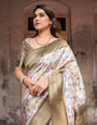 Ivory Banarasi Silk Saree with Gold Zari Border and Multicolor Floral Design