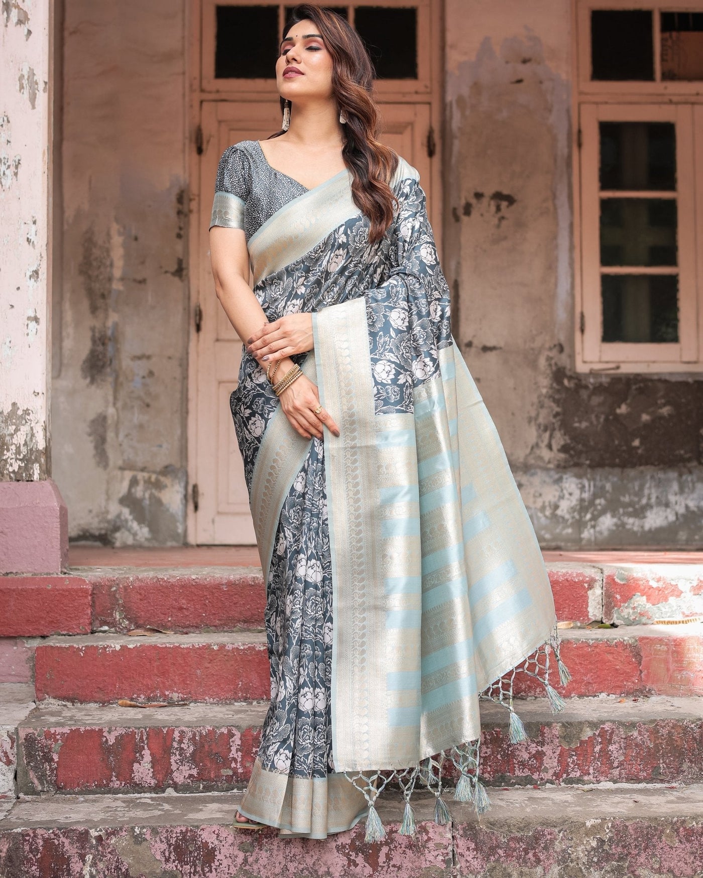 Pure Banarasi Digitally Printed Silk Saree Weaved With Zari Comes With Tassels - Almaari Fashion