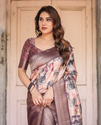 Pure Banarasi Digitally Printed Silk Saree Weaved With Zari Comes With Tassels. - Almaari Fashion