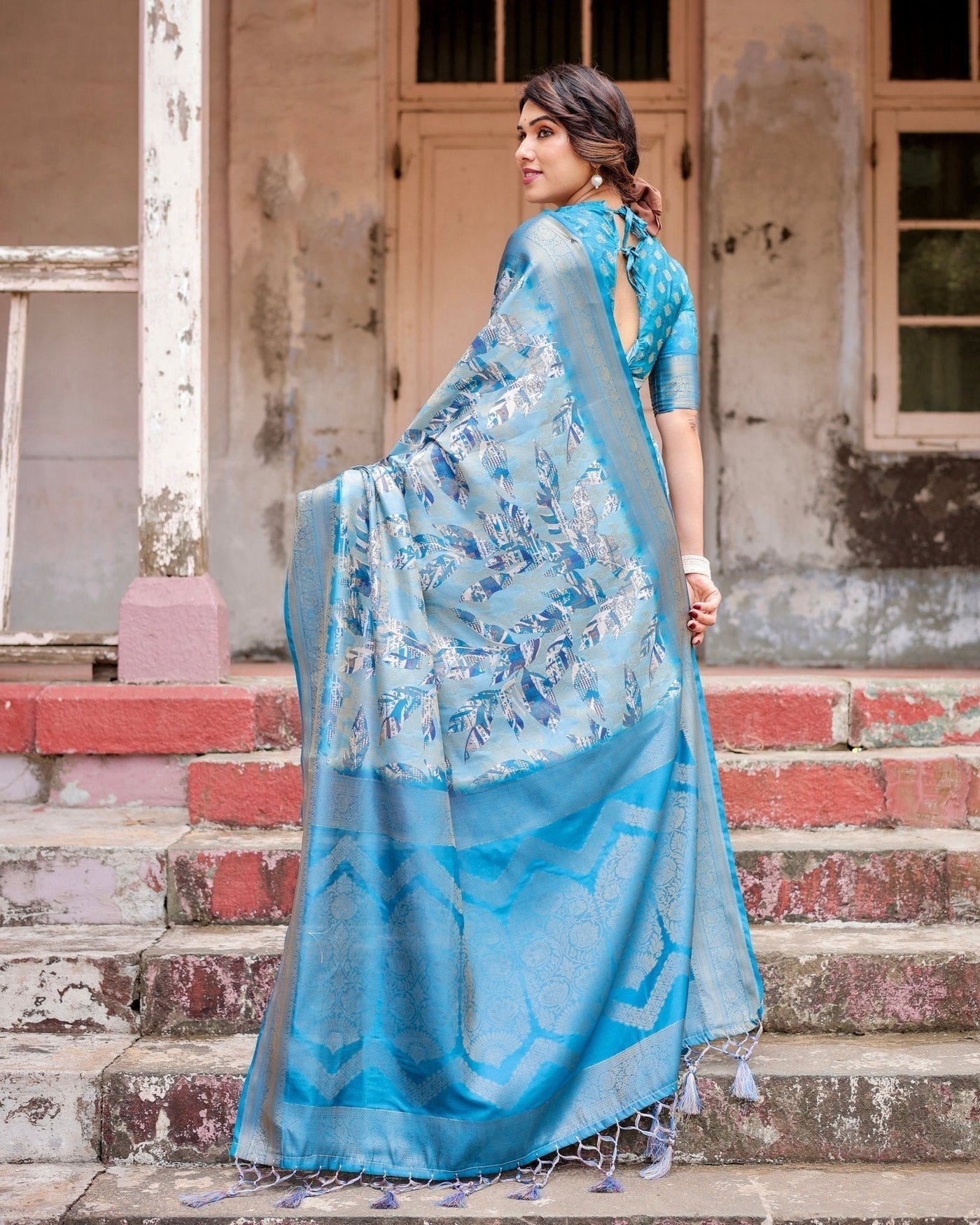 Pure Banarasi Silk Digitally Printed Saree Weaved With Golden Zari Comes With Tassels - Almaari Fashion