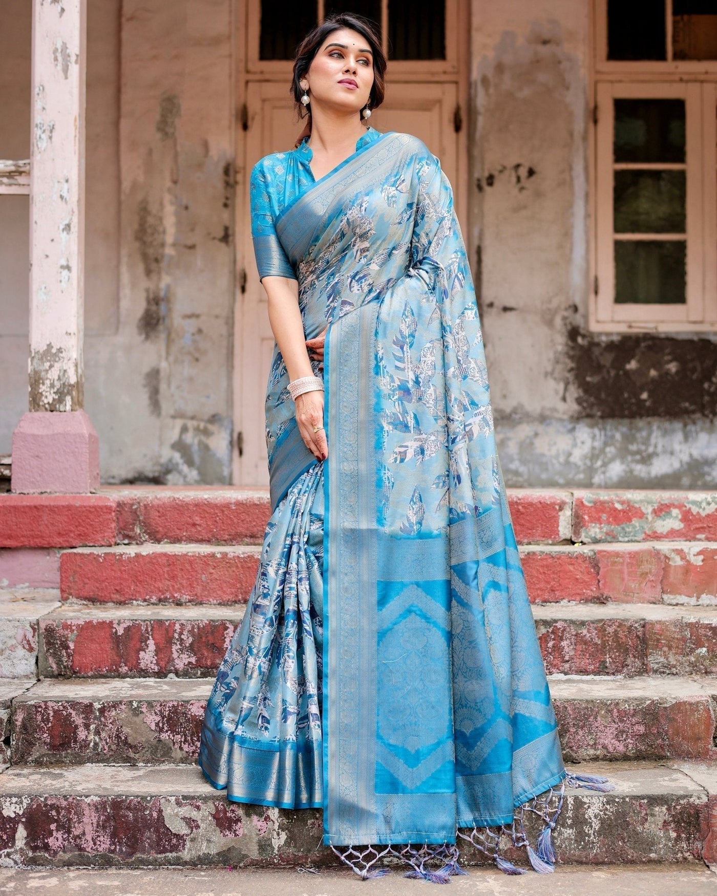 Pure Banarasi Silk Digitally Printed Saree Weaved With Golden Zari Comes With Tassels - Almaari Fashion