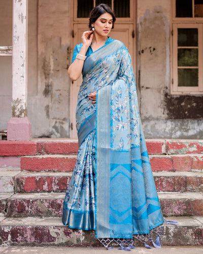 Pure Banarasi Silk Digitally Printed Saree Weaved With Golden Zari Comes With Tassels - Almaari Fashion