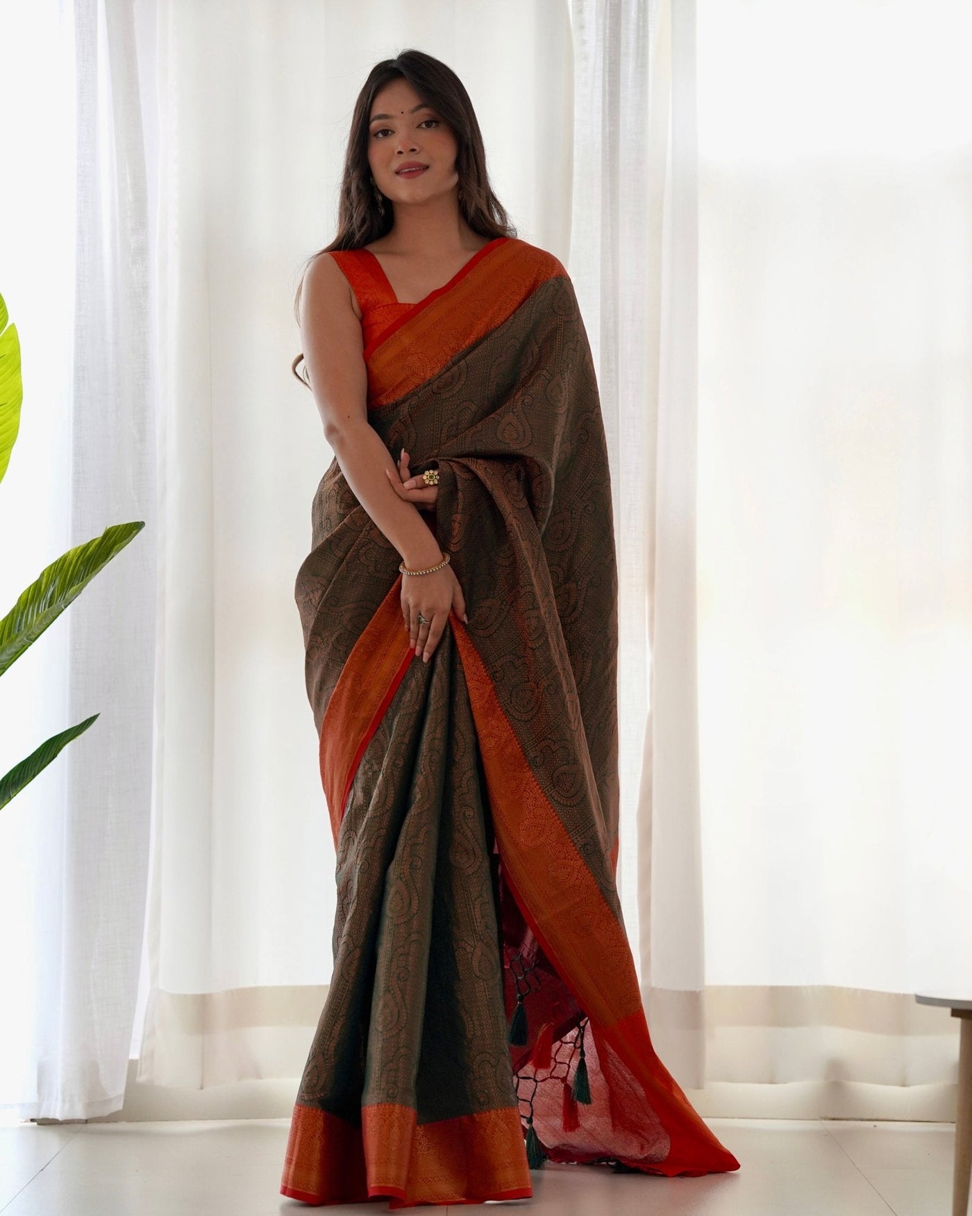 Pure Banarasi Silk Saree Weaved With Copper Zari - Almaari Fashion