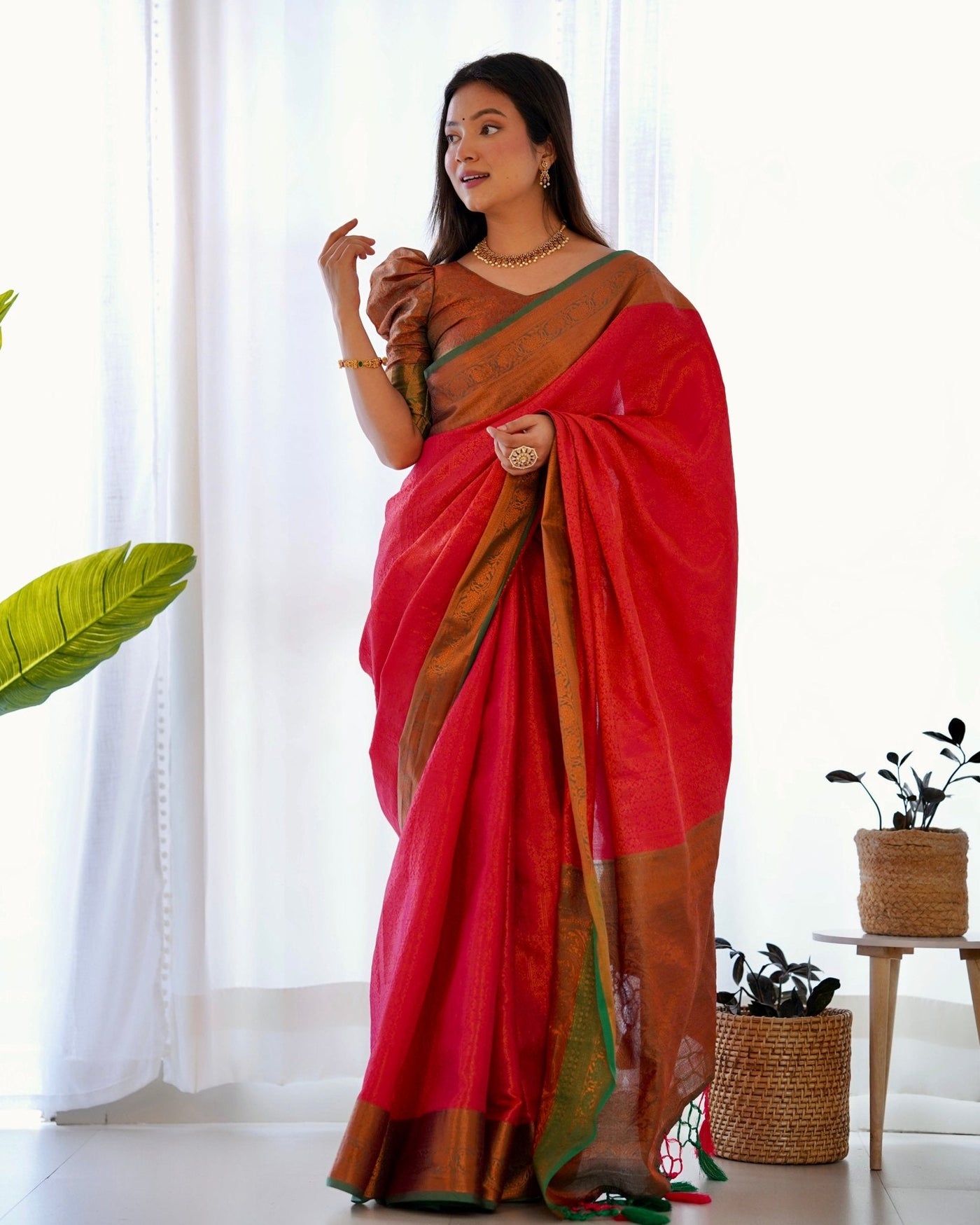 Pure Banarasi Silk Saree Weaved With Copper Zari - Almaari Fashion