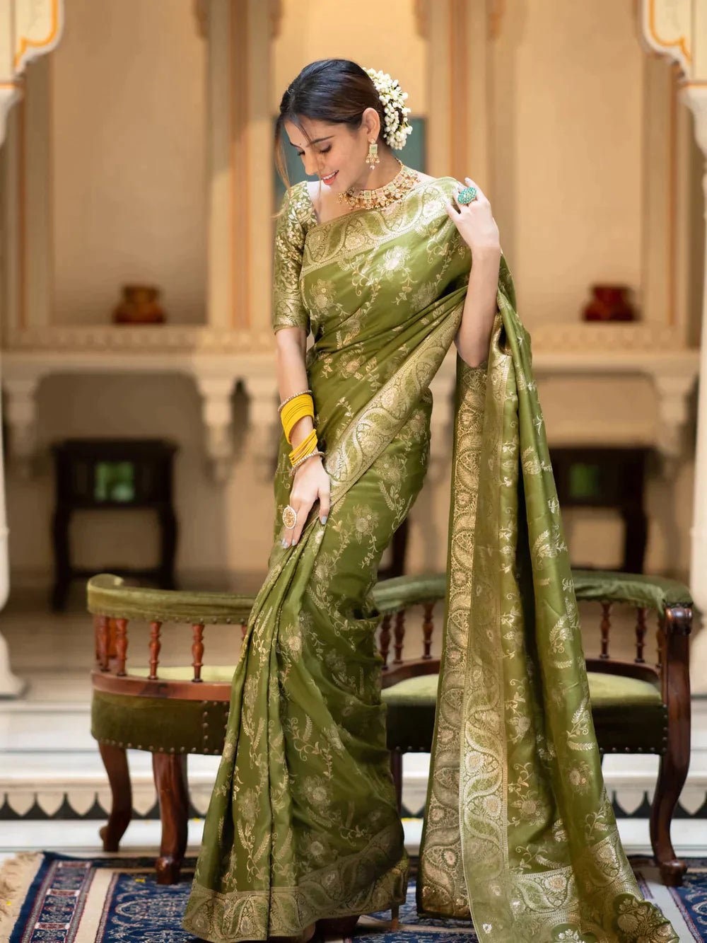 Pure Banarasi Silk Saree Weaved With Copper Zari Comes With Heavy Banarasi Brocade Blouse - Almaari Fashion