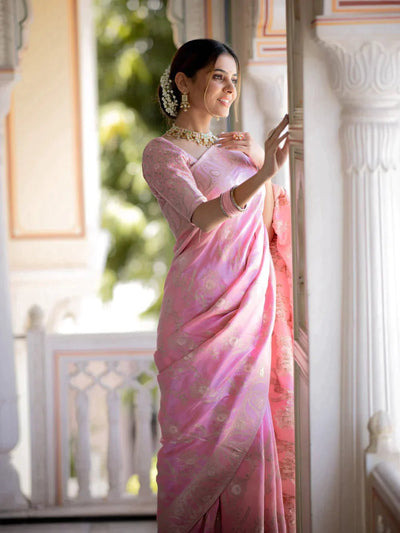 Pure Banarasi Silk Saree Weaved With Copper Zari Comes With Heavy Banarasi Brocade Blouse - Almaari Fashion