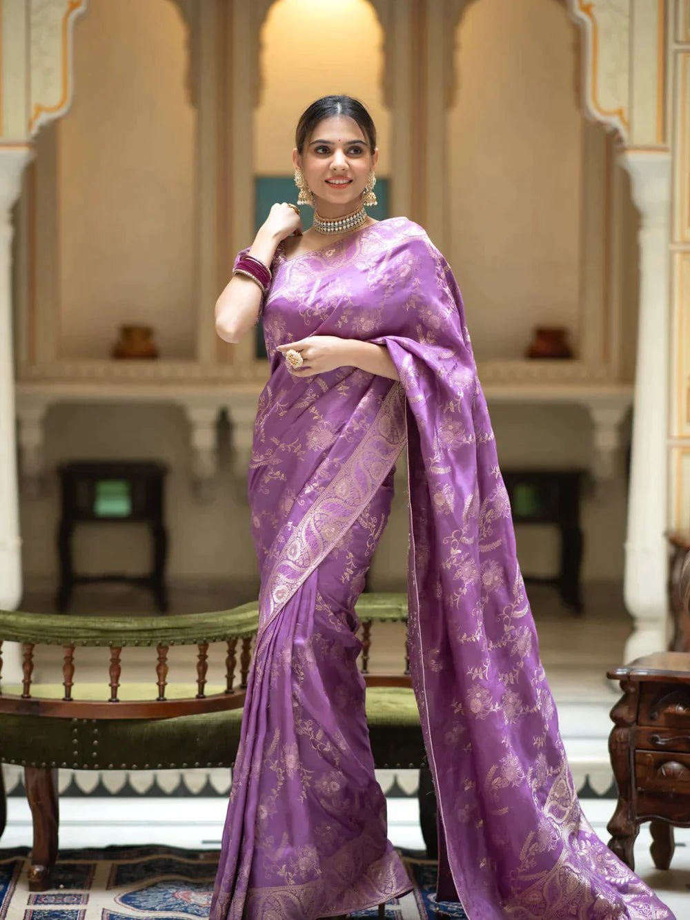 Pure Banarasi Silk Saree Weaved With Copper Zari Comes With Heavy Banarasi Brocade Blouse - Almaari Fashion