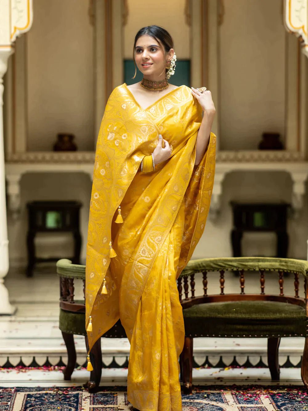 Pure Banarasi Silk Saree Weaved With Copper Zari Comes With Heavy Banarasi Brocade Blouse - Almaari Fashion