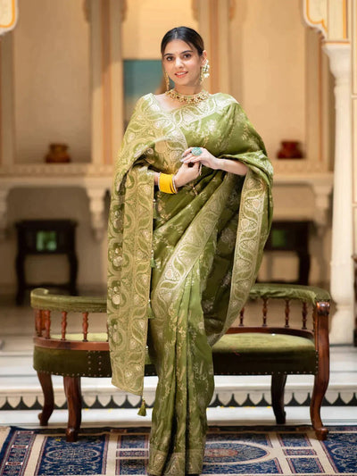 Pure Banarasi Silk Saree Weaved With Copper Zari Comes With Heavy Banarasi Brocade Blouse - Almaari Fashion