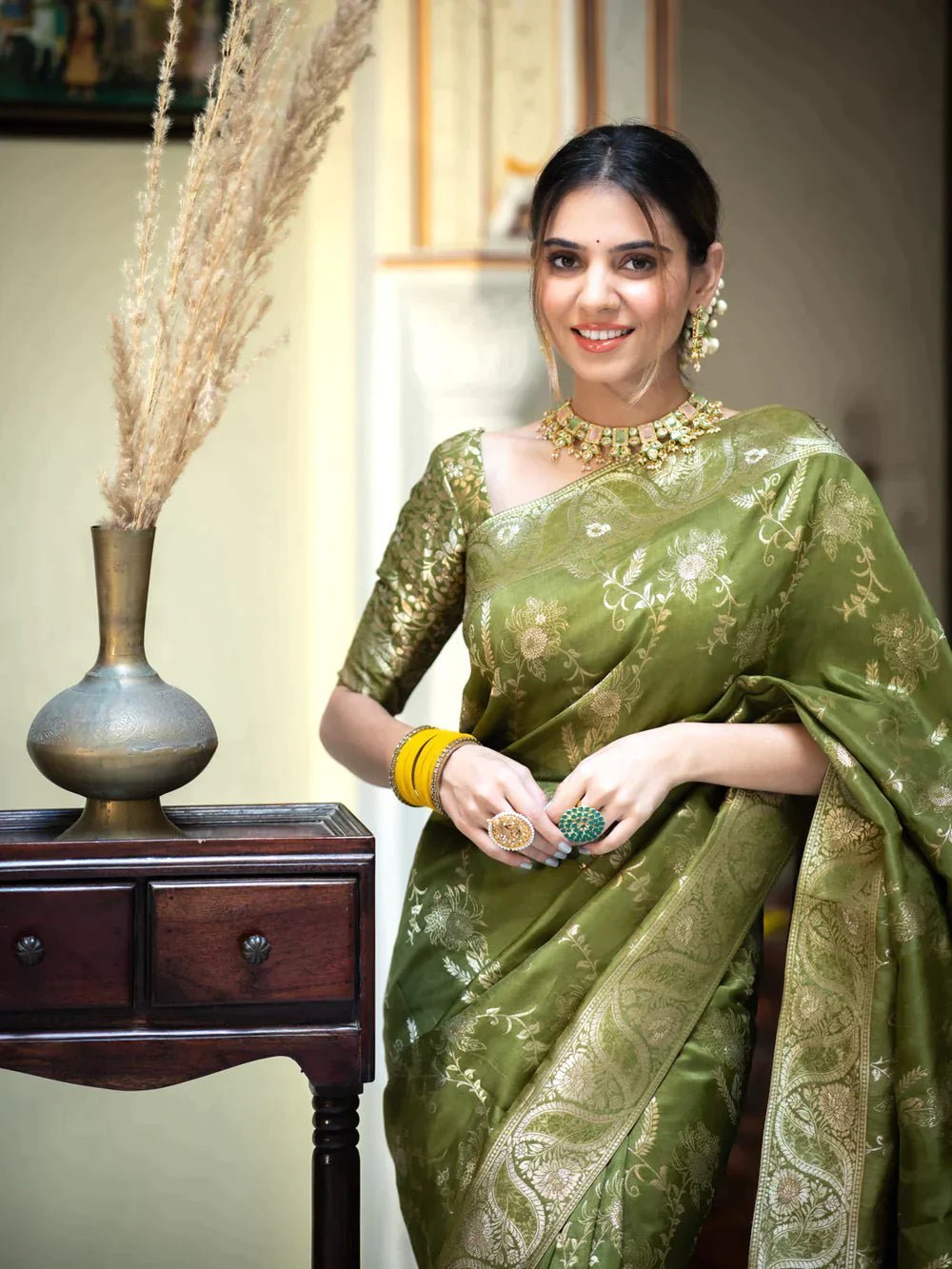 Pure Banarasi Silk Saree Weaved With Copper Zari Comes With Heavy Banarasi Brocade Blouse - Almaari Fashion