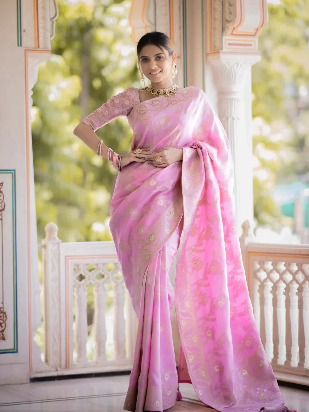 Pure Banarasi Silk Saree Weaved With Copper Zari Comes With Heavy Banarasi Brocade Blouse - Almaari Fashion