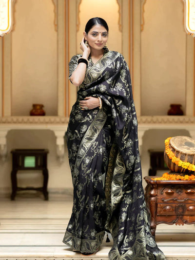 Pure Banarasi Silk Saree Weaved With Copper Zari Comes With Heavy Banarasi Brocade Blouse - Almaari Fashion