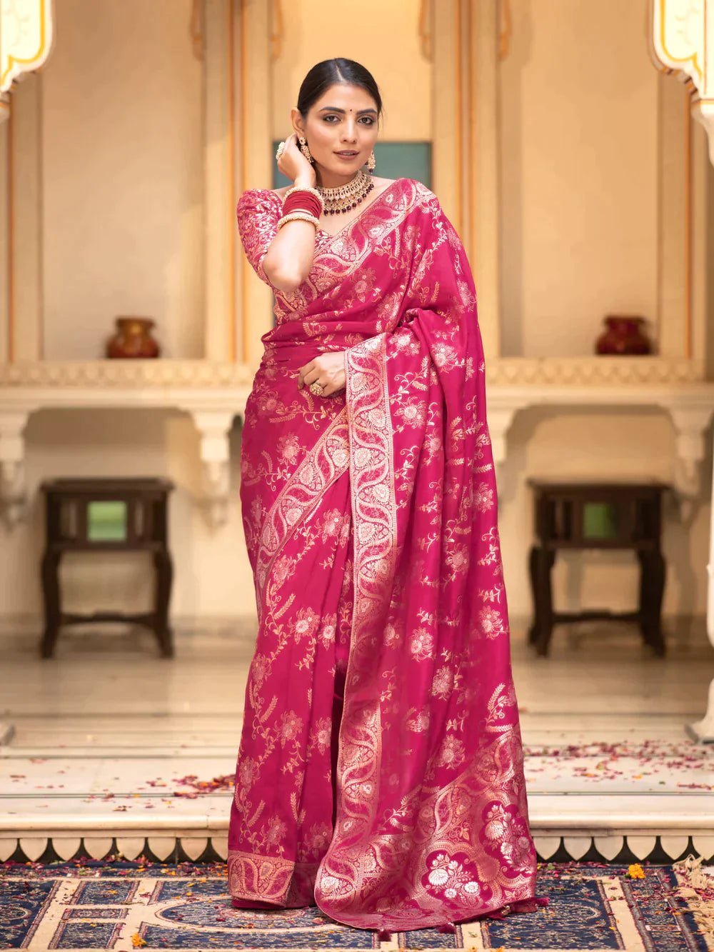 Pure Banarasi Silk Saree Weaved With Copper Zari Comes With Heavy Banarasi Brocade Blouse - Almaari Fashion