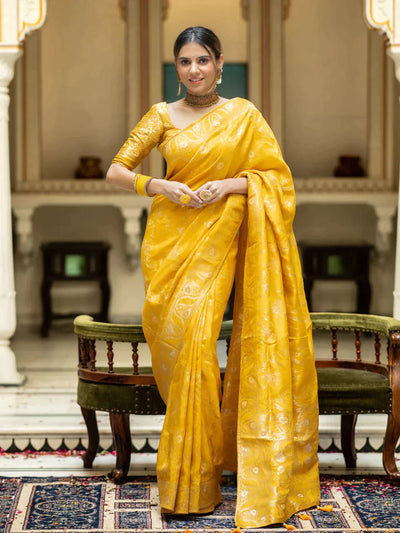 Pure Banarasi Silk Saree Weaved With Copper Zari Comes With Heavy Banarasi Brocade Blouse - Almaari Fashion