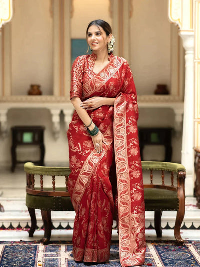 Pure Banarasi Silk Saree Weaved With Copper Zari Comes With Heavy Banarasi Brocade Blouse - Almaari Fashion