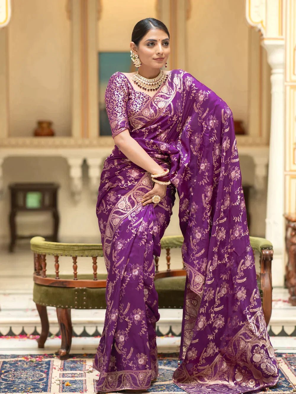 Pure Banarasi Silk Saree Weaved With Copper Zari Comes With Heavy Banarasi Brocade Blouse - Almaari Fashion