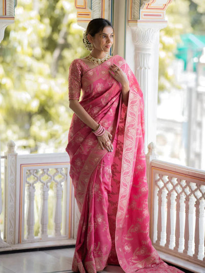 Pure Banarasi Silk Saree Weaved With Copper Zari Comes With Heavy Banarasi Brocade Blouse - Almaari Fashion