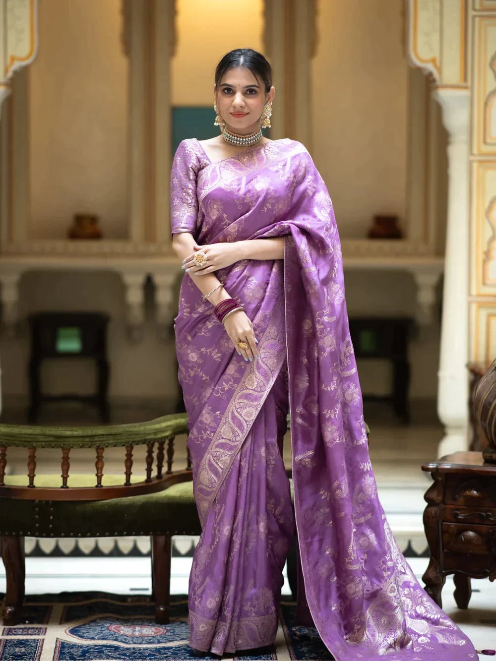 Pure Banarasi Silk Saree Weaved With Copper Zari Comes With Heavy Banarasi Brocade Blouse - Almaari Fashion