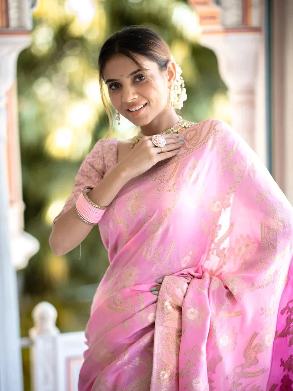 Pure Banarasi Silk Saree Weaved With Copper Zari Comes With Heavy Banarasi Brocade Blouse - Almaari Fashion