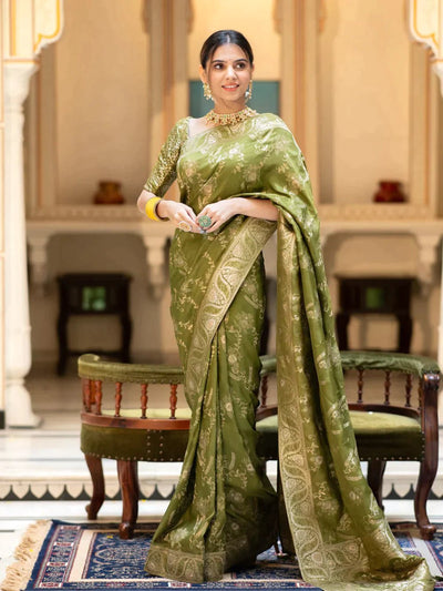 Pure Banarasi Silk Saree Weaved With Copper Zari Comes With Heavy Banarasi Brocade Blouse - Almaari Fashion