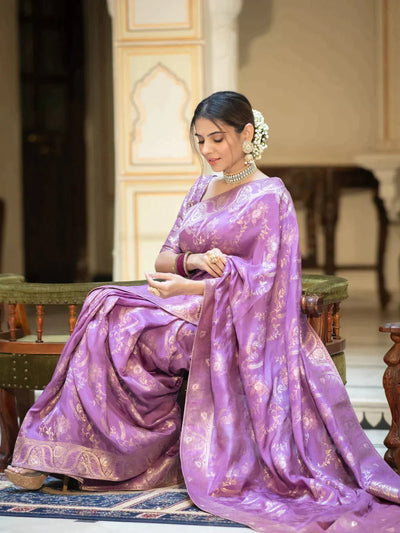 Pure Banarasi Silk Saree Weaved With Copper Zari Comes With Heavy Banarasi Brocade Blouse - Almaari Fashion