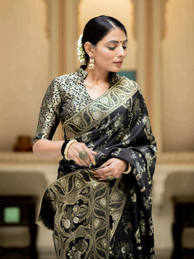 Pure Banarasi Silk Saree Weaved With Copper Zari Comes With Heavy Banarasi Brocade Blouse - Almaari Fashion