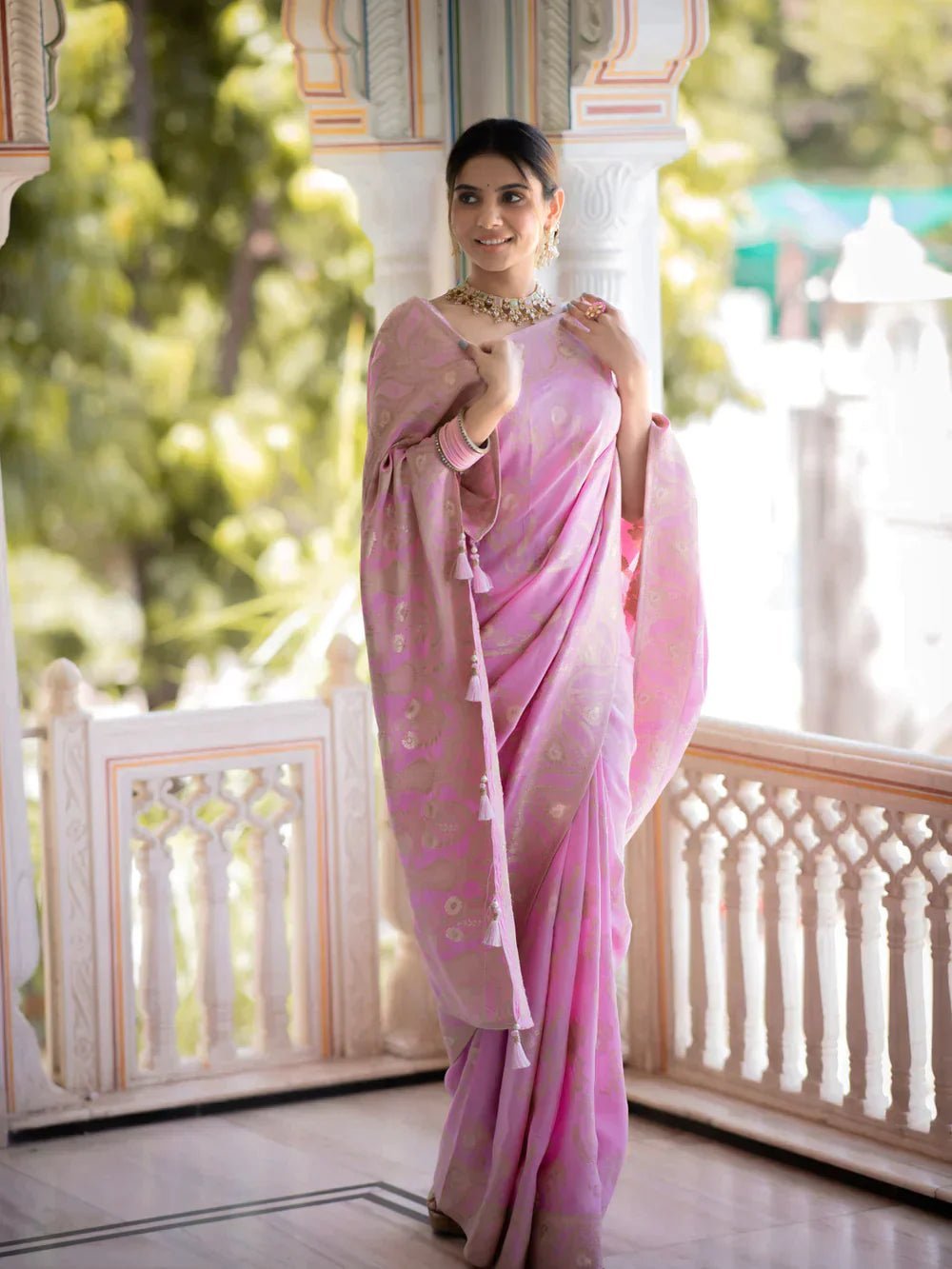 Pure Banarasi Silk Saree Weaved With Copper Zari Comes With Heavy Banarasi Brocade Blouse - Almaari Fashion