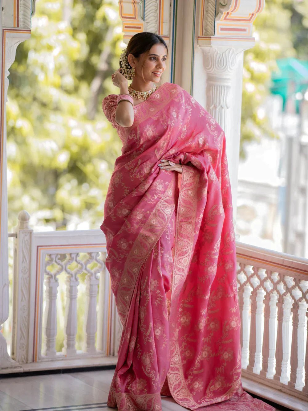 Pure Banarasi Silk Saree Weaved With Copper Zari Comes With Heavy Banarasi Brocade Blouse - Almaari Fashion