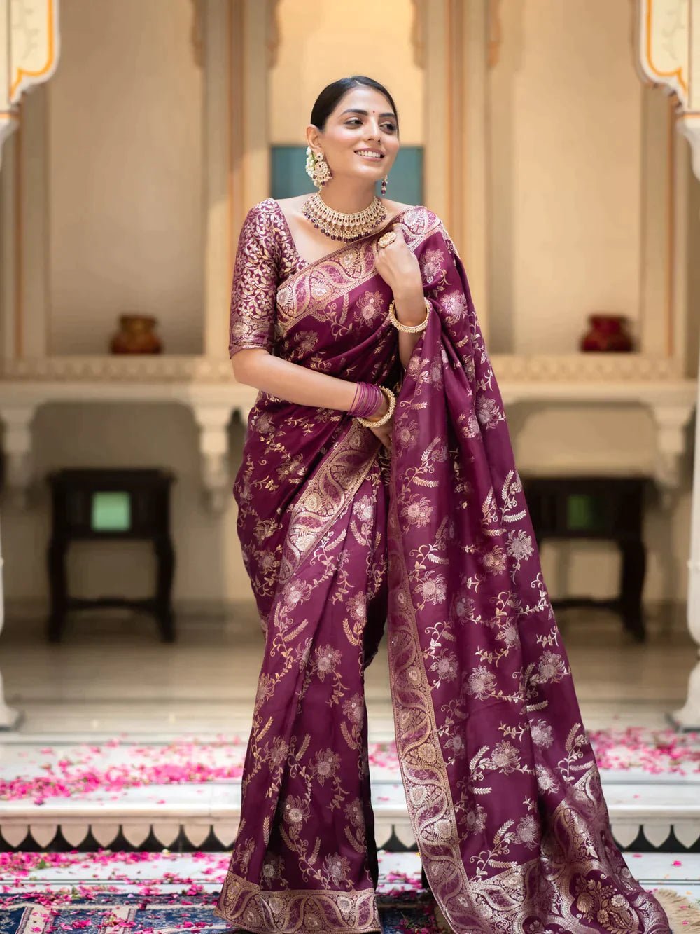 Pure Banarasi Silk Saree Weaved With Copper Zari Comes With Heavy Banarasi Brocade Blouse - Almaari Fashion