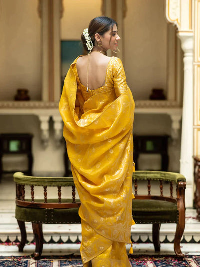 Pure Banarasi Silk Saree Weaved With Copper Zari Comes With Heavy Banarasi Brocade Blouse - Almaari Fashion
