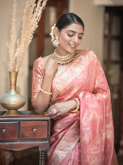 Pure Banarasi Silk Saree Weaved With Copper Zari Comes With Heavy Banarasi Brocade Blouse - Almaari Fashion