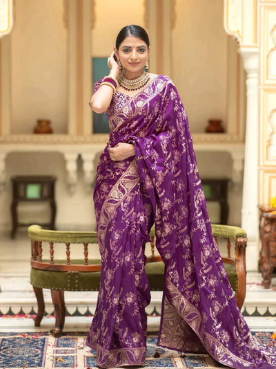 Pure Banarasi Silk Saree Weaved With Copper Zari Comes With Heavy Banarasi Brocade Blouse - Almaari Fashion