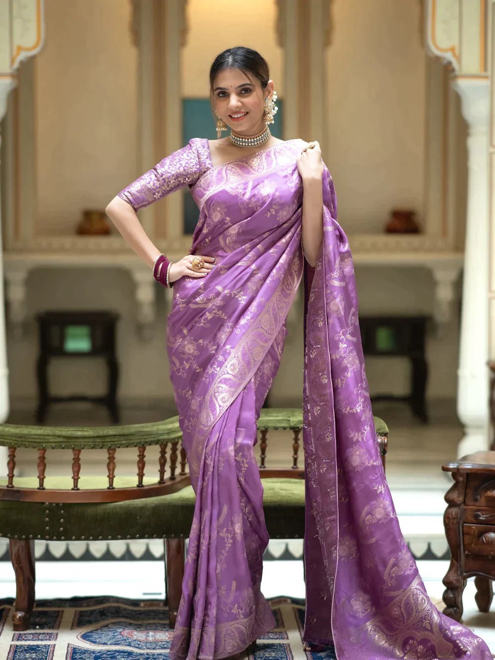 Pure Banarasi Silk Saree Weaved With Copper Zari Comes With Heavy Banarasi Brocade Blouse - Almaari Fashion