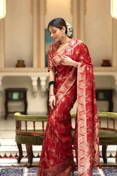 Pure Banarasi Silk Saree Weaved With Copper Zari Comes With Heavy Banarasi Brocade Blouse - Almaari Fashion