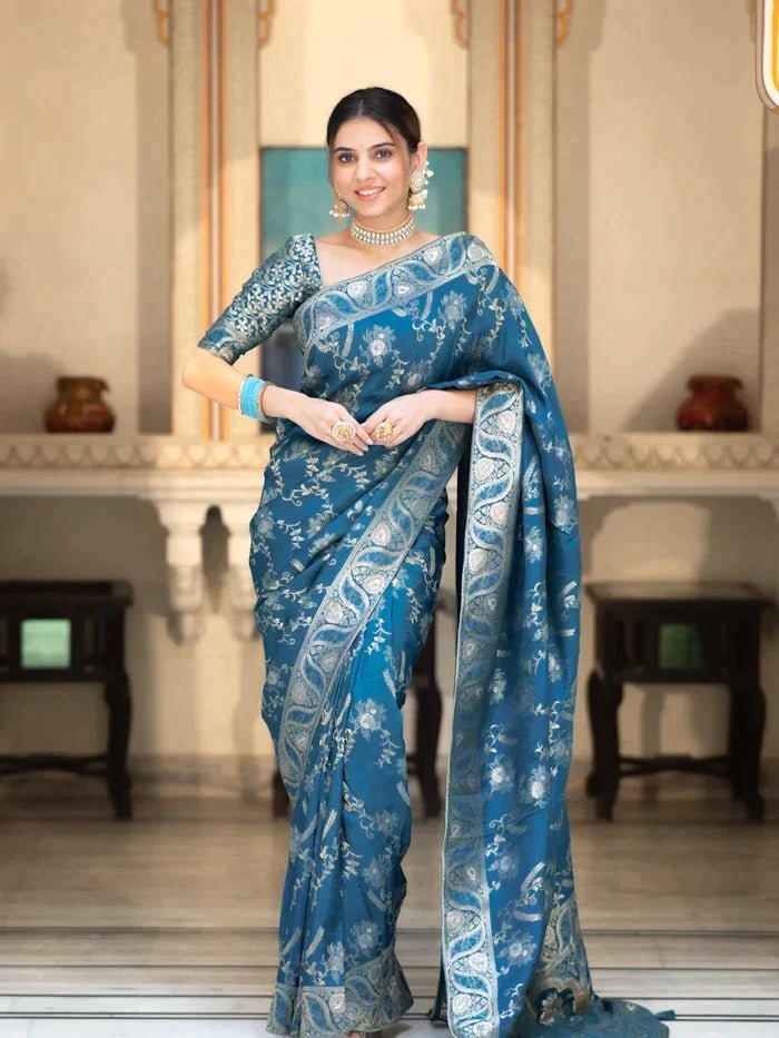 Pure Banarasi Silk Saree Weaved With Copper Zari Comes With Heavy Banarasi Brocade Blouse - Almaari Fashion