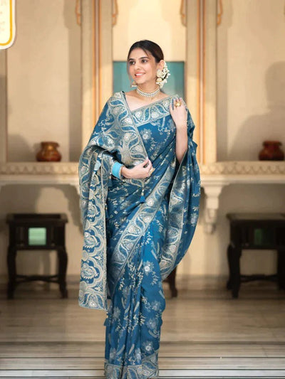 Pure Banarasi Silk Saree Weaved With Copper Zari Comes With Heavy Banarasi Brocade Blouse - Almaari Fashion