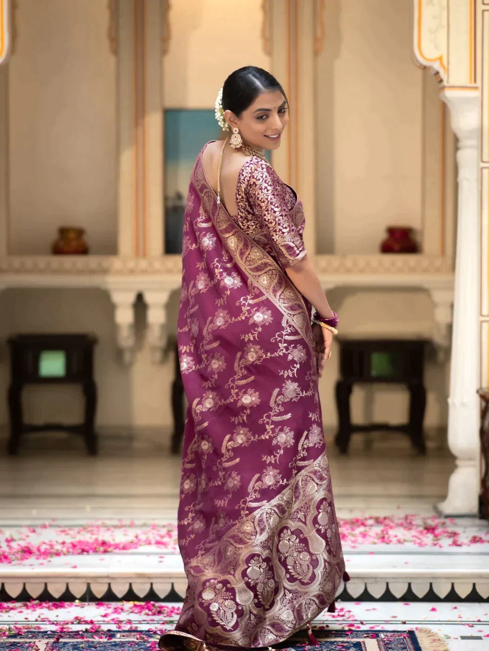 Pure Banarasi Silk Saree Weaved With Copper Zari Comes With Heavy Banarasi Brocade Blouse - Almaari Fashion