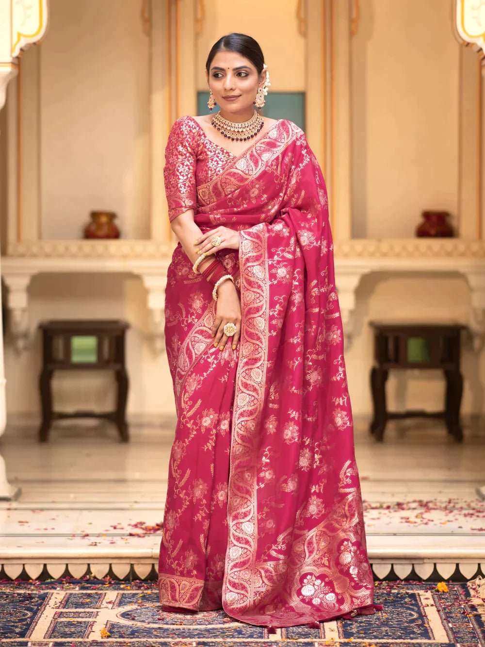 Pure Banarasi Silk Saree Weaved With Copper Zari Comes With Heavy Banarasi Brocade Blouse - Almaari Fashion