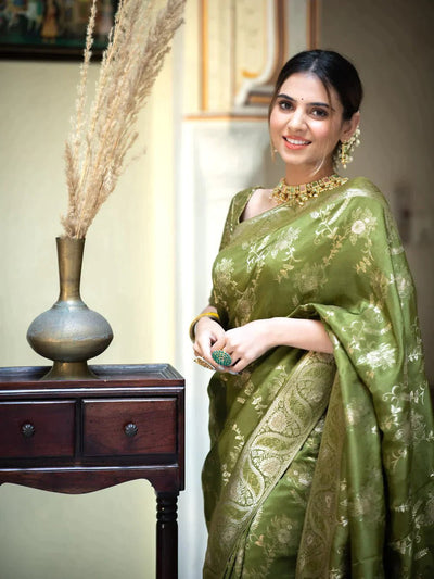 Pure Banarasi Silk Saree Weaved With Copper Zari Comes With Heavy Banarasi Brocade Blouse - Almaari Fashion