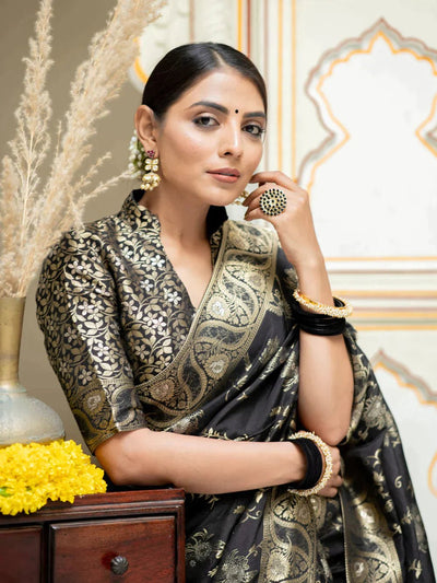 Pure Banarasi Silk Saree Weaved With Copper Zari Comes With Heavy Banarasi Brocade Blouse - Almaari Fashion