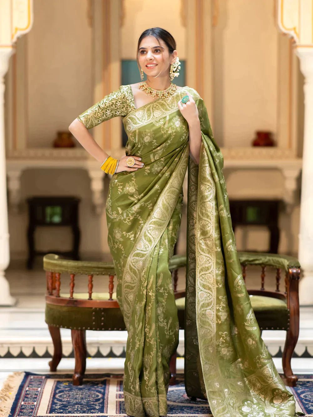 Pure Banarasi Silk Saree Weaved With Copper Zari Comes With Heavy Banarasi Brocade Blouse - Almaari Fashion