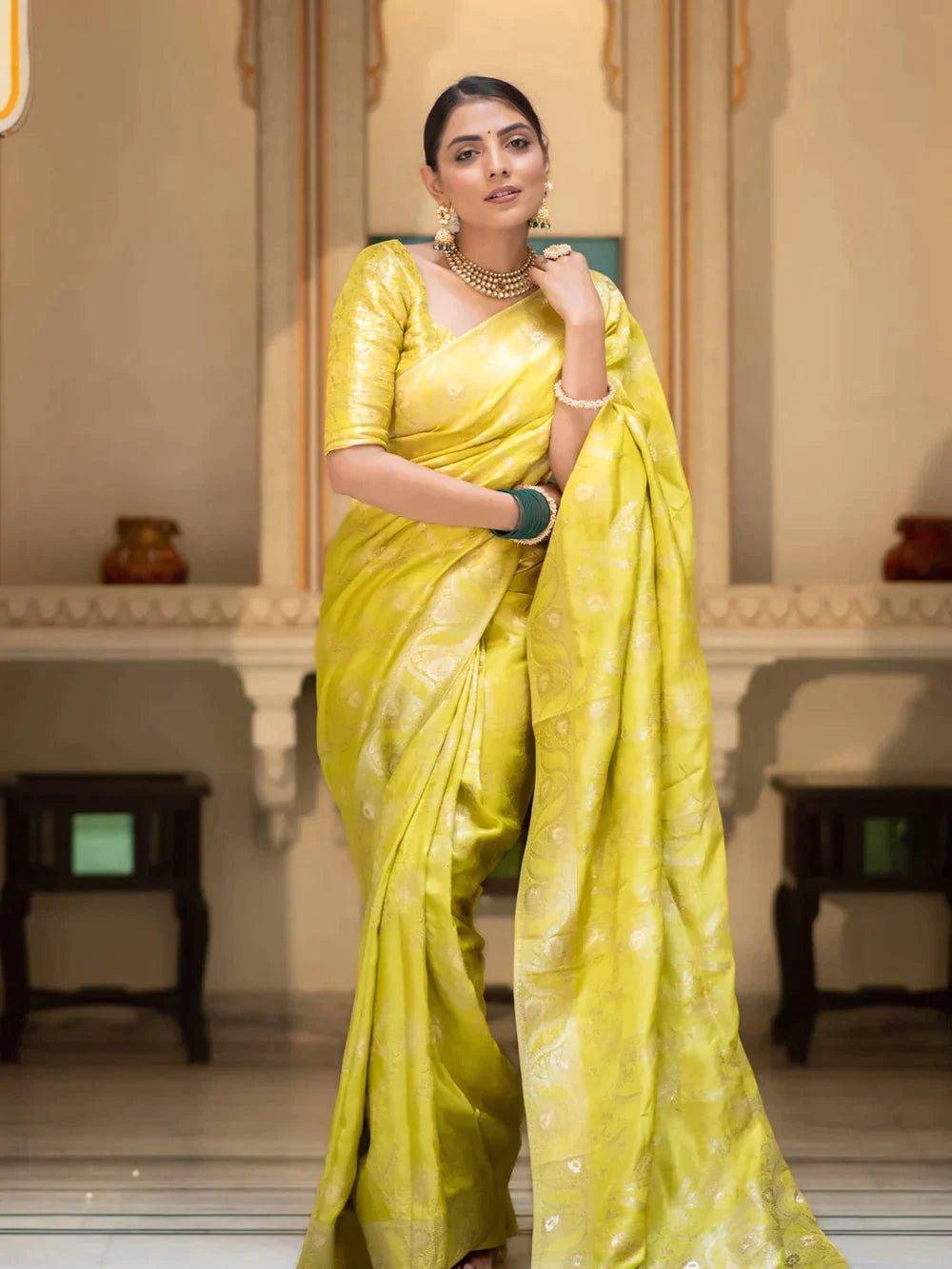 Pure Banarasi Silk Saree Weaved With Copper Zari Comes With Heavy Banarasi Brocade Blouse - Almaari Fashion