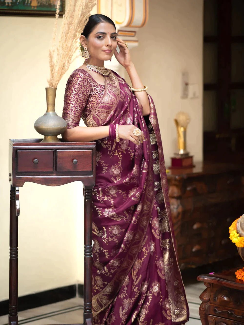 Pure Banarasi Silk Saree Weaved With Copper Zari Comes With Heavy Banarasi Brocade Blouse - Almaari Fashion