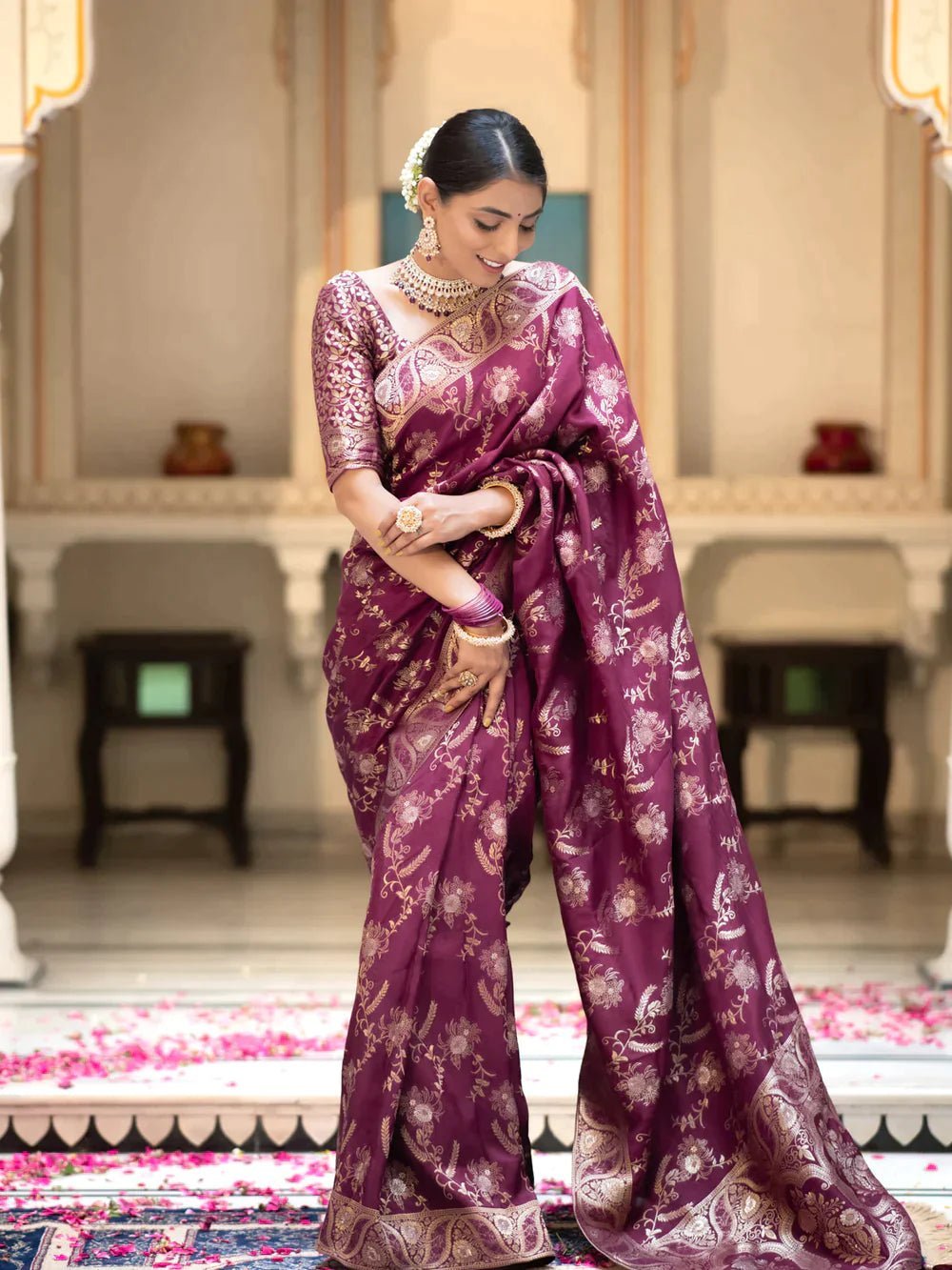 Pure Banarasi Silk Saree Weaved With Copper Zari Comes With Heavy Banarasi Brocade Blouse - Almaari Fashion