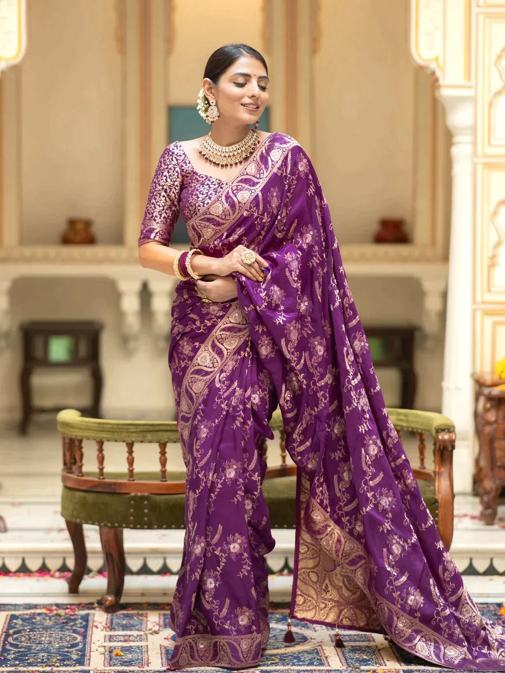 Pure Banarasi Silk Saree Weaved With Copper Zari Comes With Heavy Banarasi Brocade Blouse - Almaari Fashion