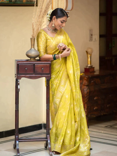 Pure Banarasi Silk Saree Weaved With Copper Zari Comes With Heavy Banarasi Brocade Blouse - Almaari Fashion